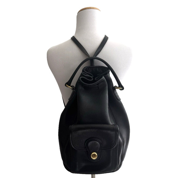 Vintage Coach Backpack Black Leather Shoulder Straps Top Handle Brass G6C-9992 - Picture 1 of 13